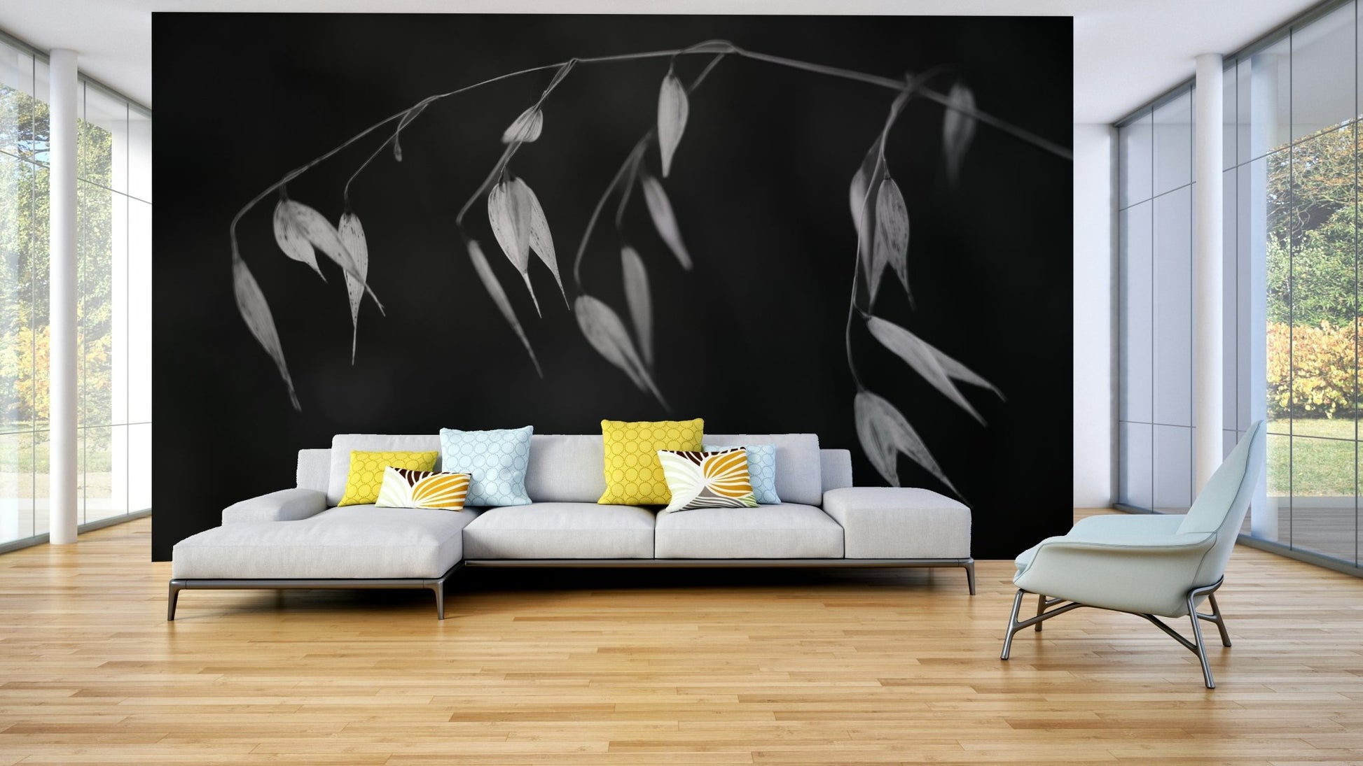 A minimalist interior with the black and white botanical wallpaper., GD4602