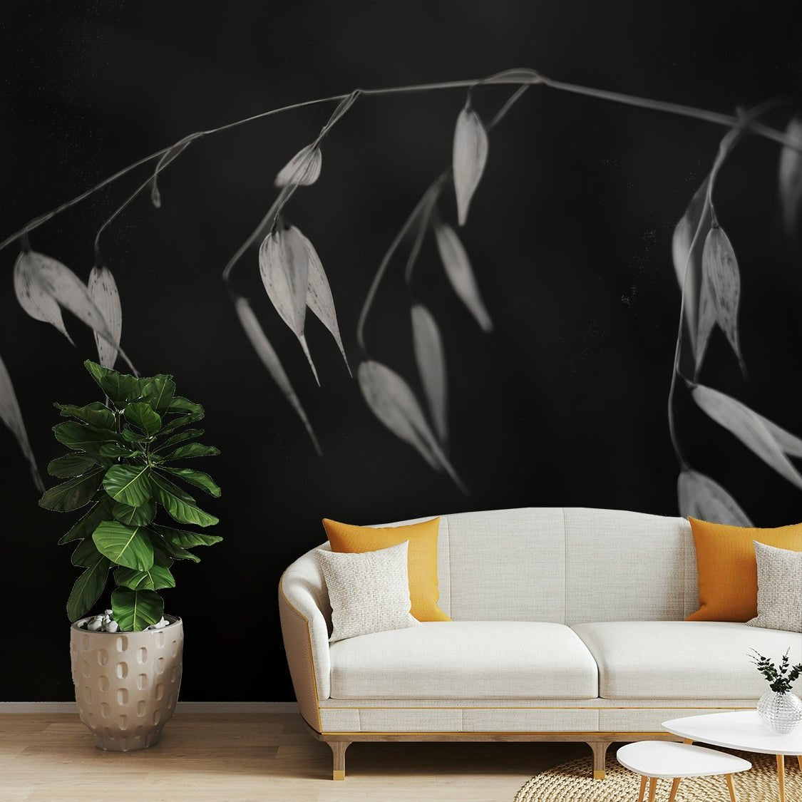 A living room featuring the abstract botanical wall mural., GD4602