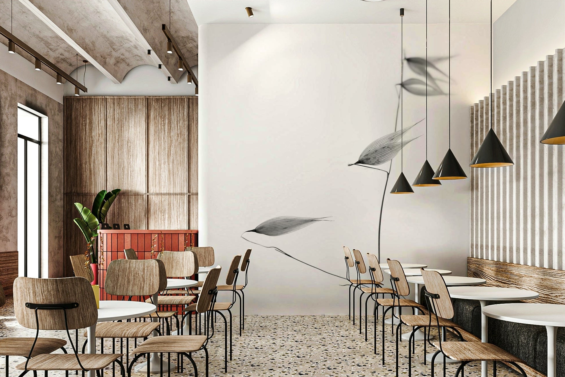 The wallpaper is used as a feature wall in a bedroom.

