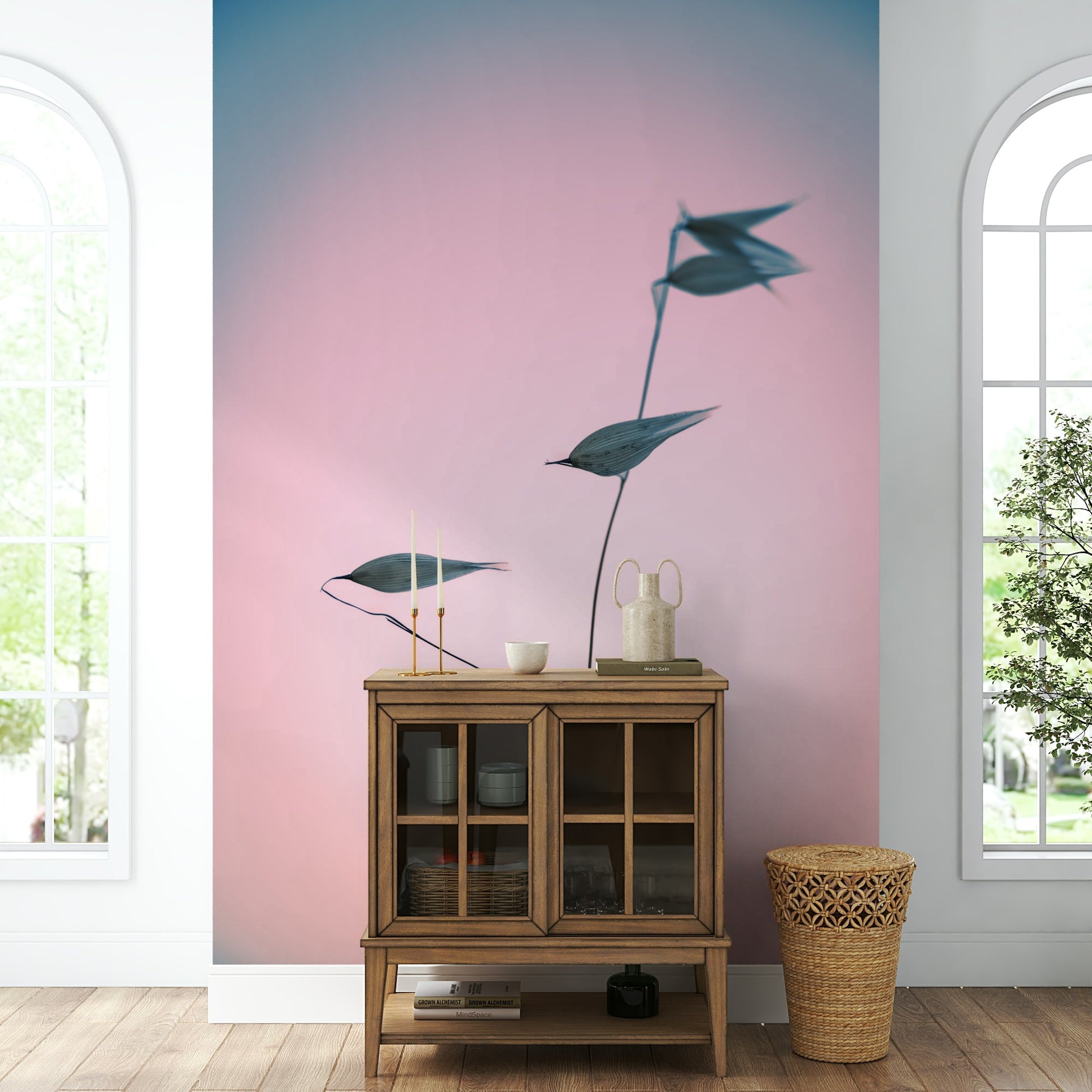 A calming single stem mural in a gradient wallpaper.

