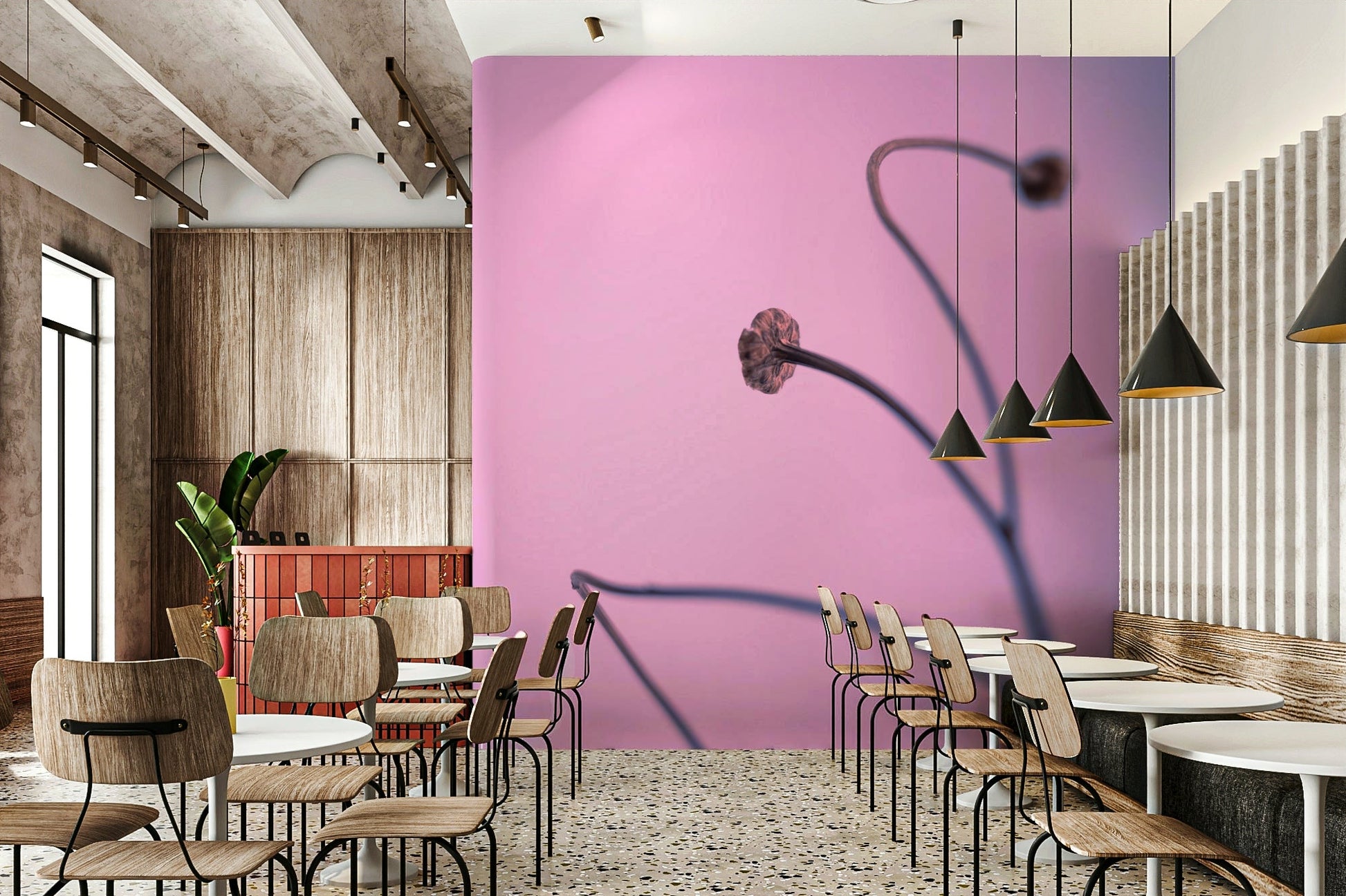 A contemplative nature wall mural in soft pink tones.