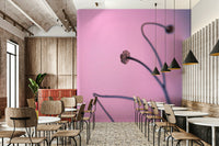 A contemplative nature wall mural in soft pink tones.