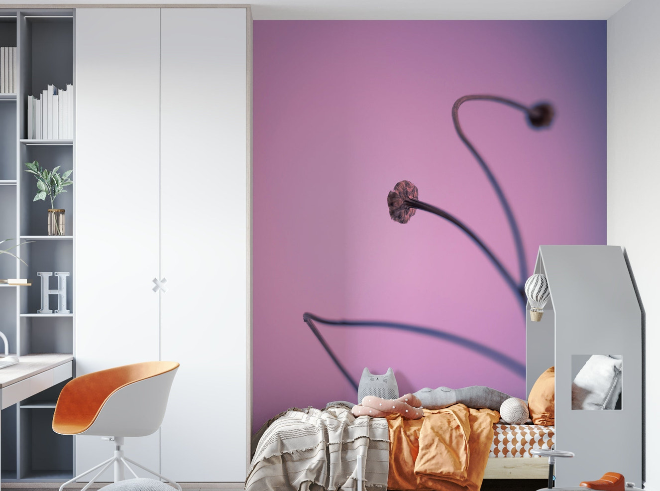 A beautiful purple and pink botanical wallpaper mural.