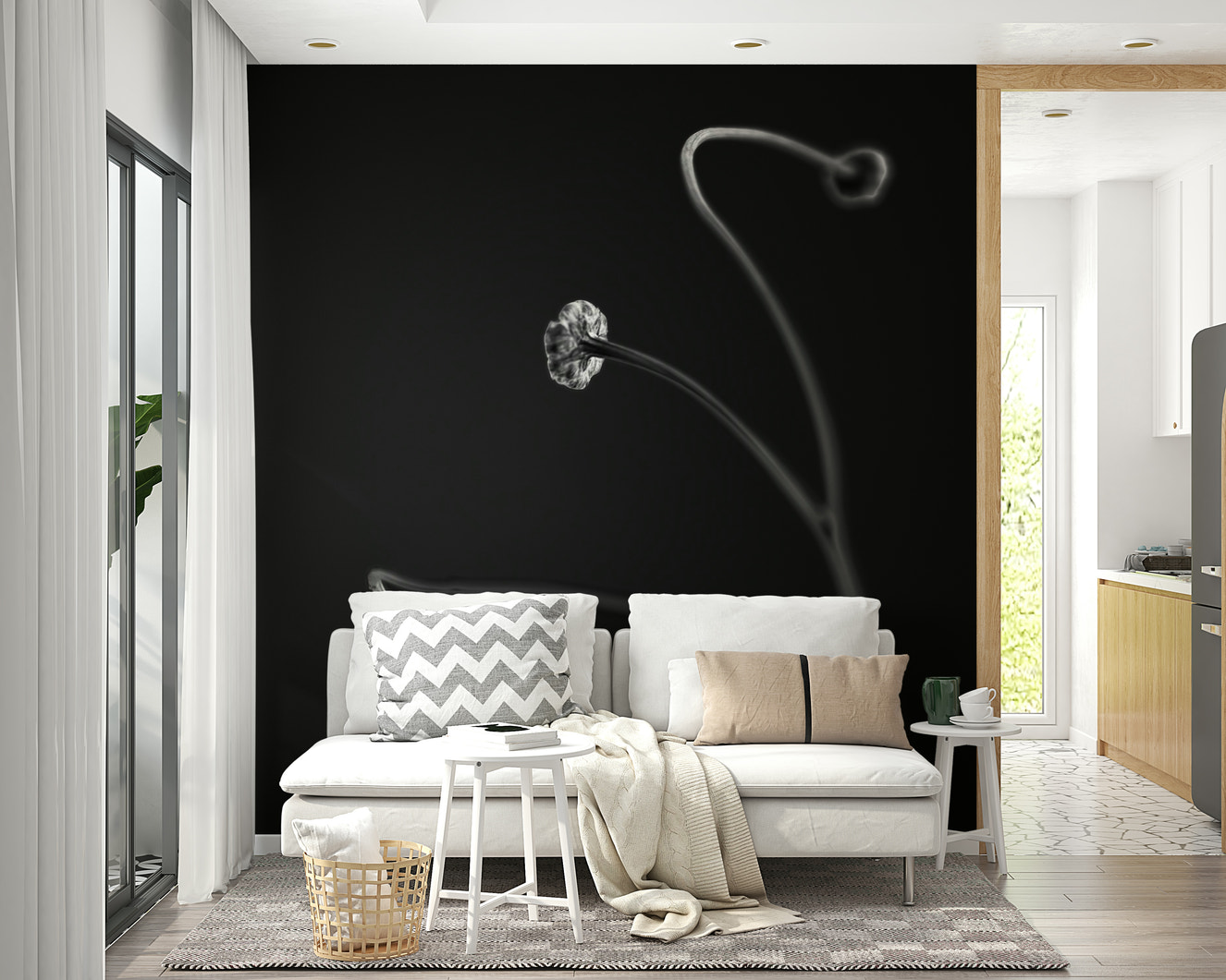 A contemporary living room with a large abstract wall mural.
