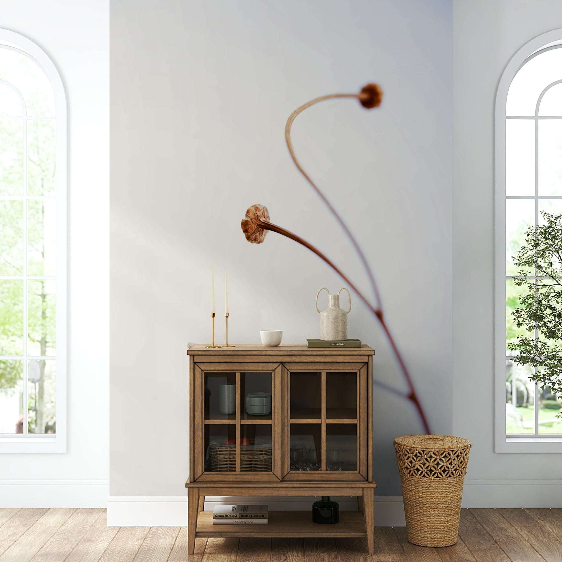 A bedroom with the wallpaper mural behind the headboard.