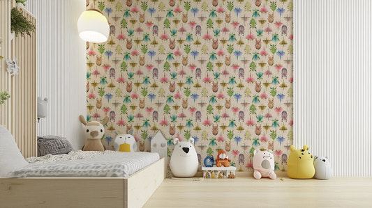 Study room with detailed insect wallpaper design

