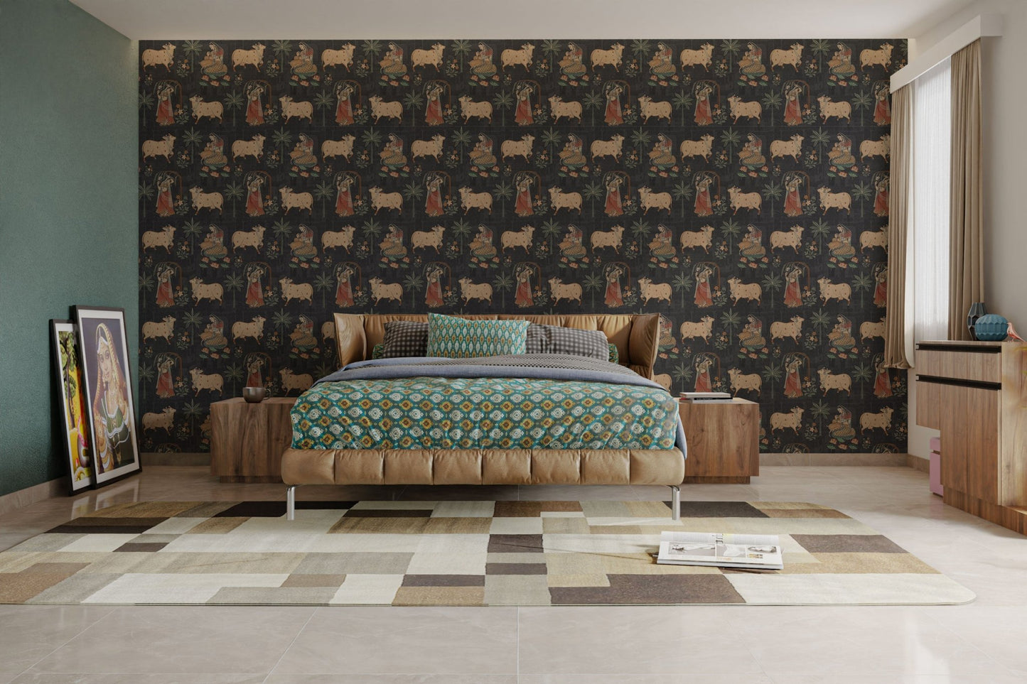 Pichwai style wall mural featuring Indian cows