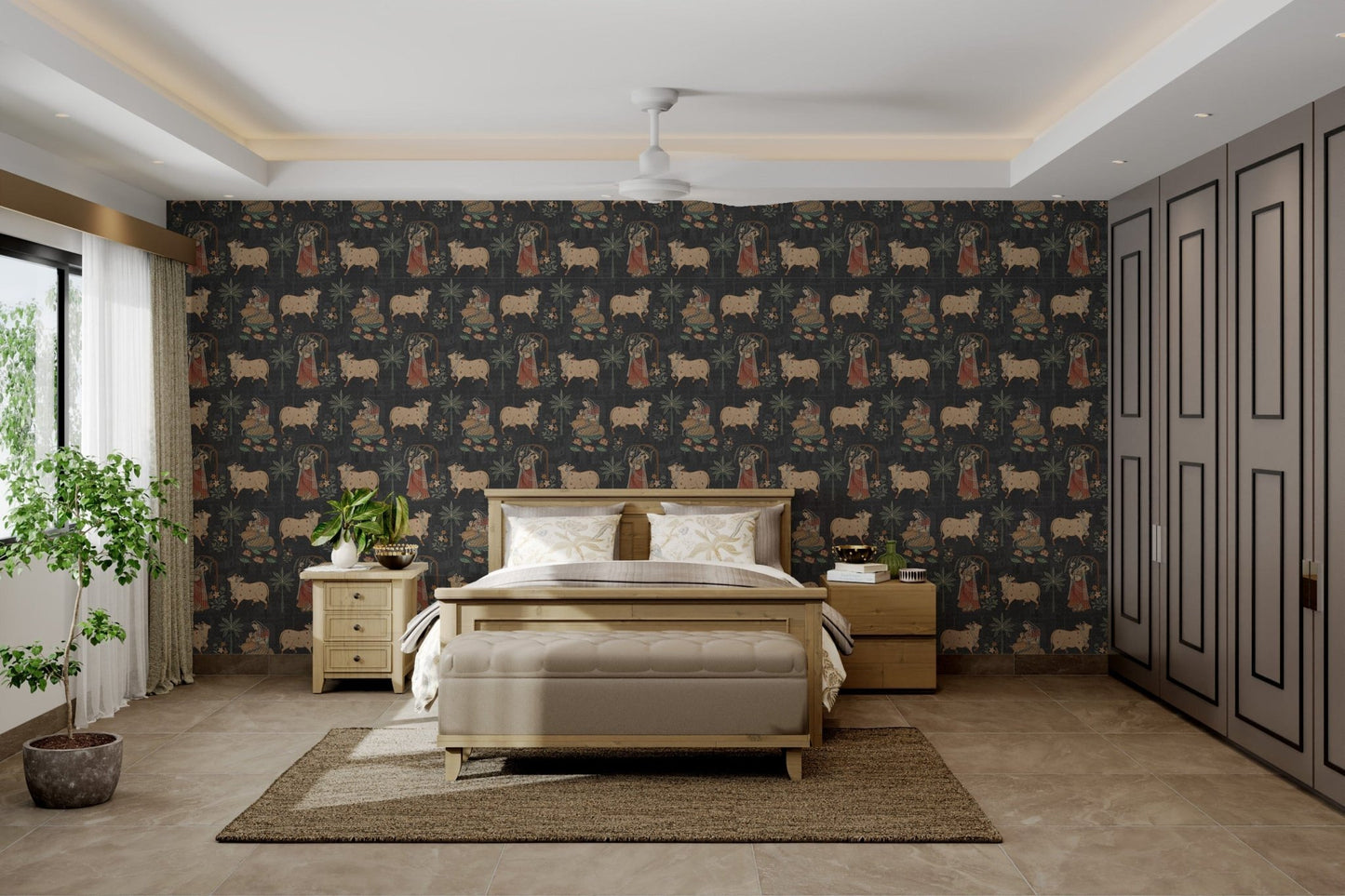 Hand-painted style Pichwai cow wallpaper