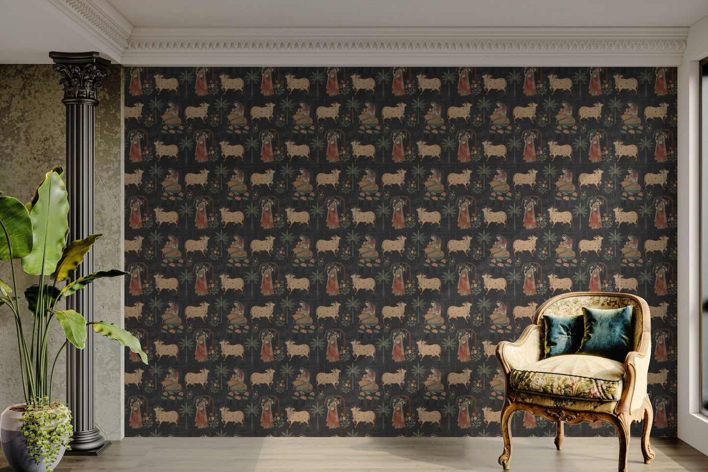 Close-up of a Pichwai painting design of a cow