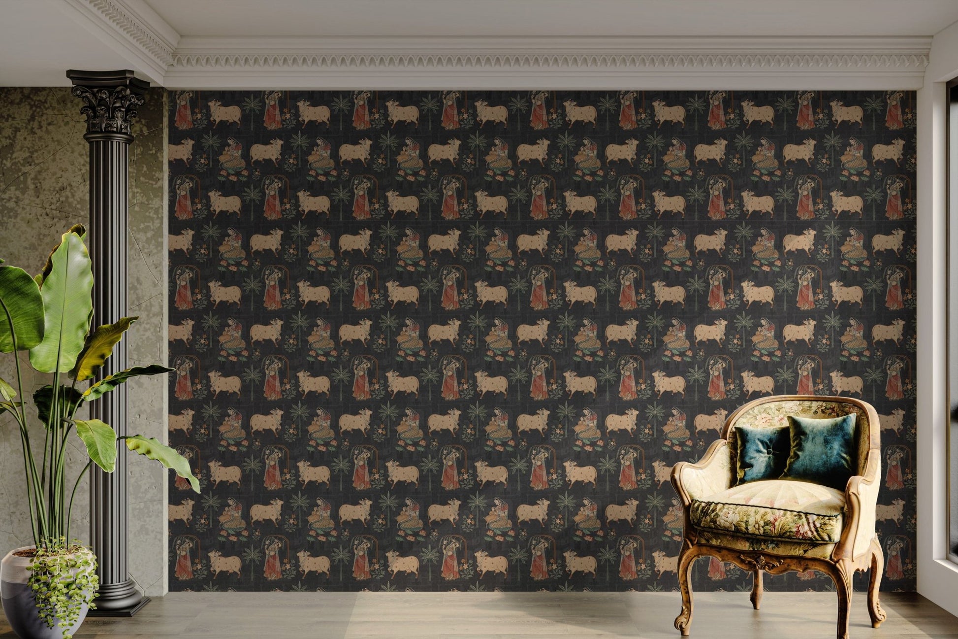 Close-up of a Pichwai painting design of a cow