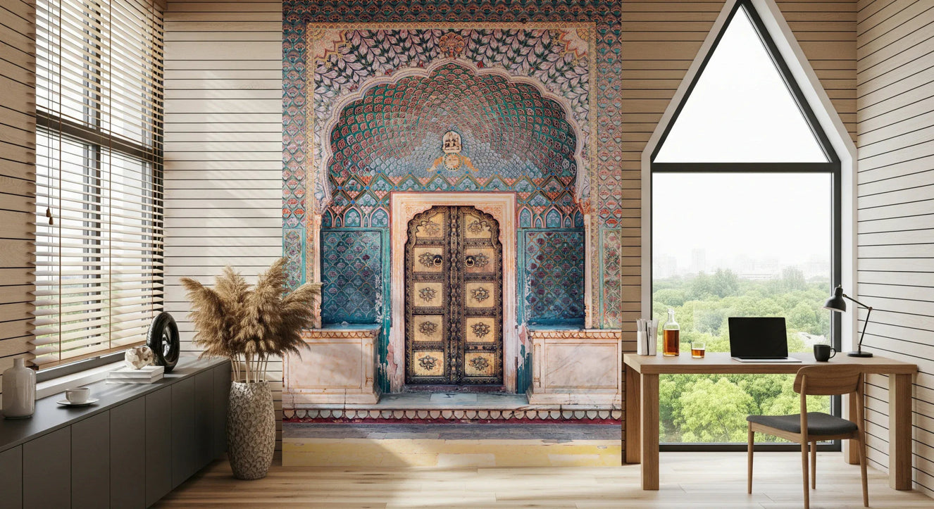 Indian Palace Door Wall Mural in a luxury living room with warm lighting