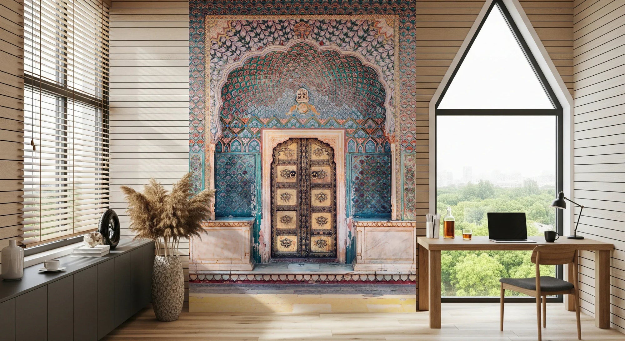 Indian Palace Door Wall Mural in a luxury living room with warm lighting, GD8024