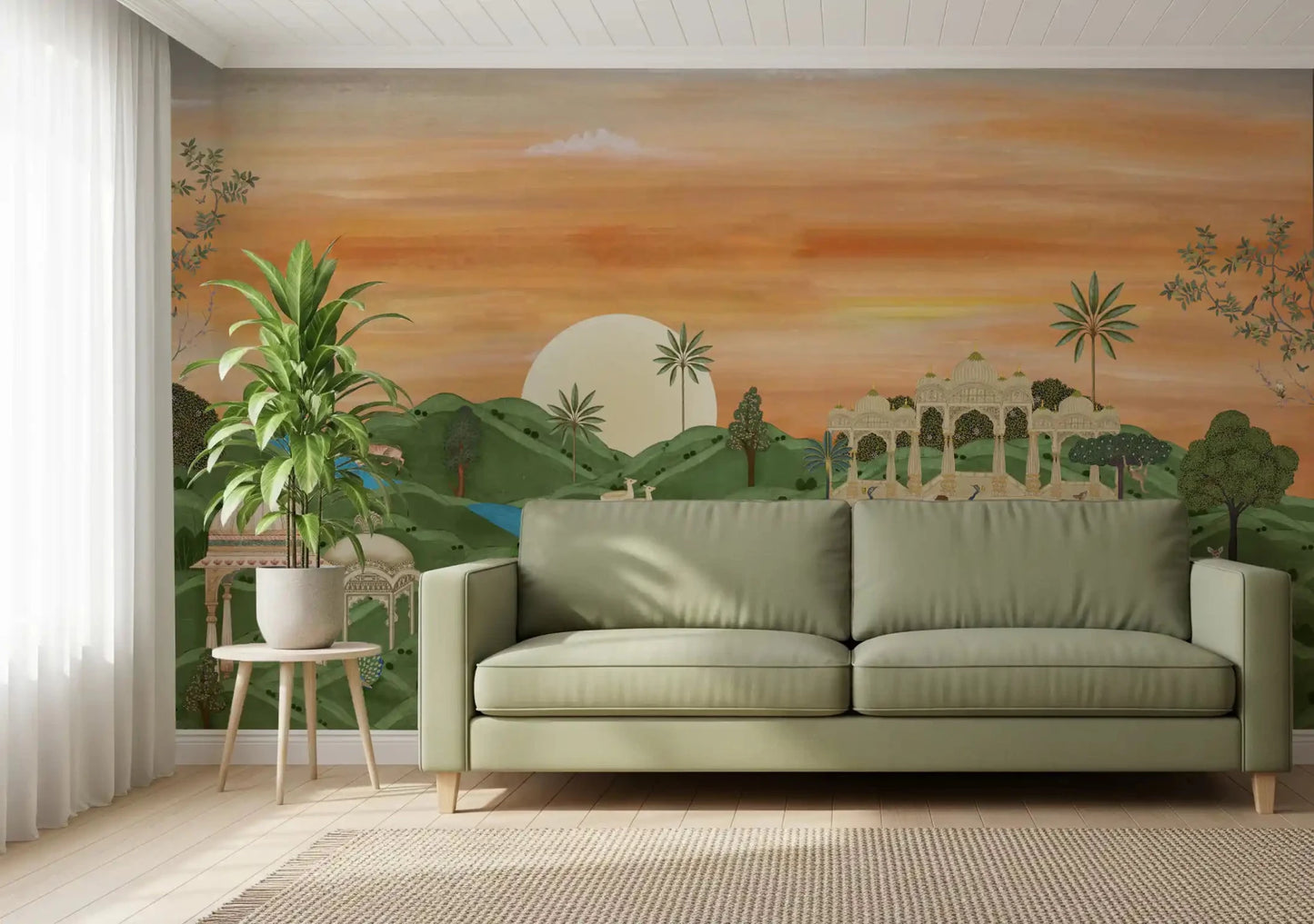 Green sofa corner framed by Indian Palace Horizon Wall Mural in a calm lounge