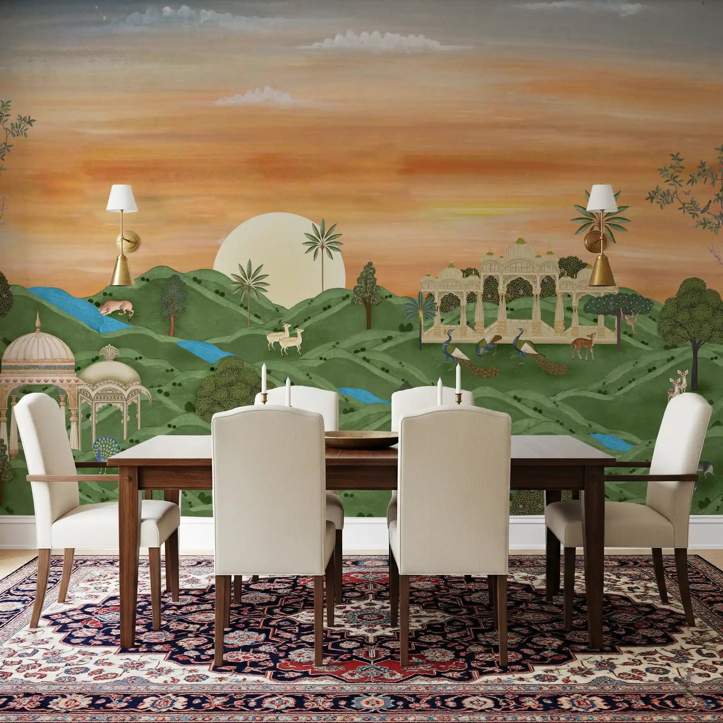 Indian Palace Horizon Wall Mural set behind a formal dining table in a classic room