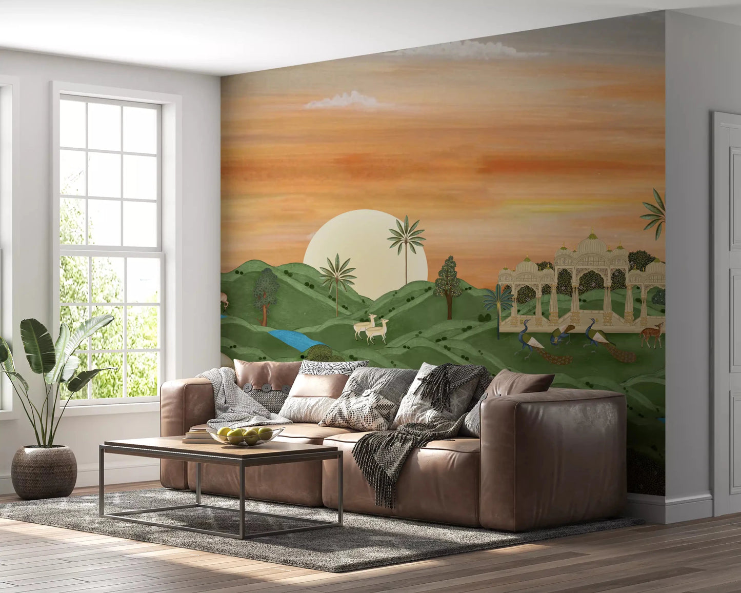 Grey sofa lounge lifted by Indian Palace Horizon Wall Mural and sunset landscape
