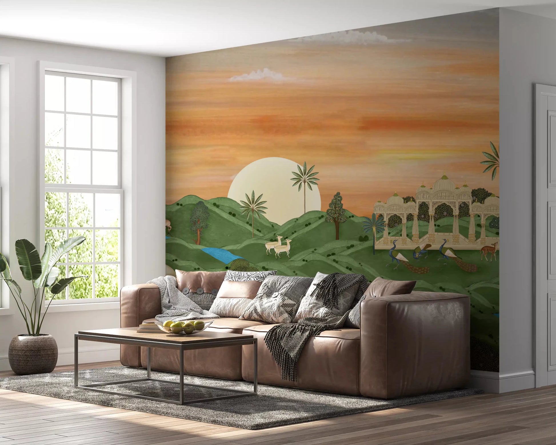 Grey sofa lounge lifted by Indian Palace Horizon Wall Mural and sunset landscape