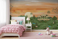 Pink bedroom backdrop featuring Indian Palace Horizon Wall Mural in scenic hills