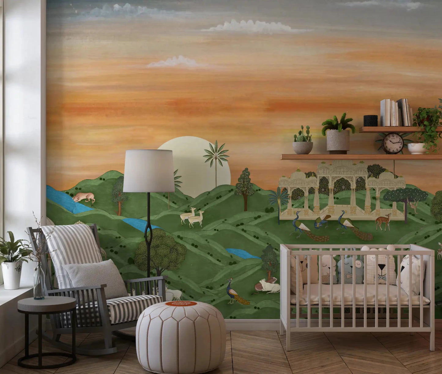 Nursery room styled with Indian Palace Horizon Wall Mural behind a white cot