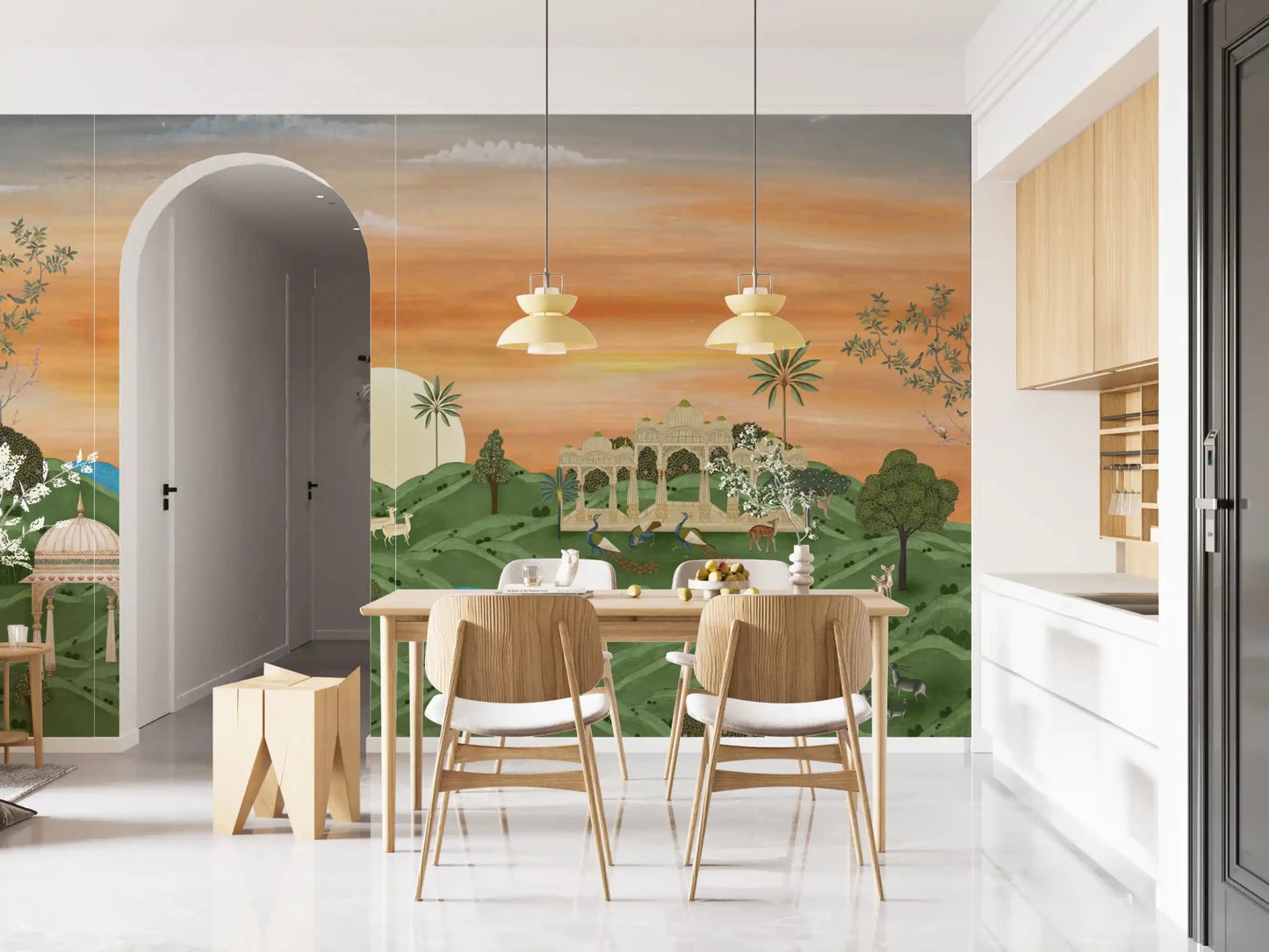 Arched dining nook finished with Indian Palace Horizon Wall Mural at sunset