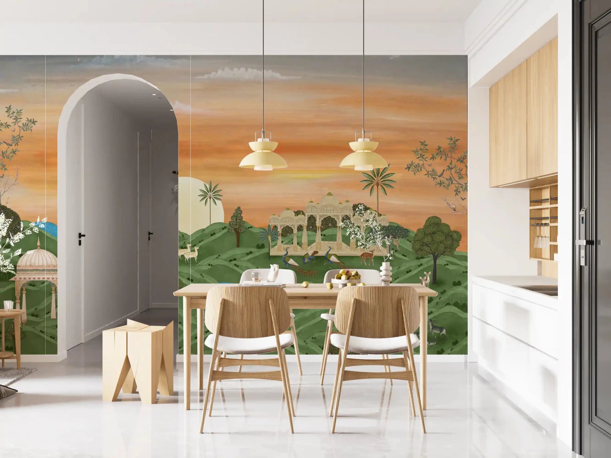 Arched dining nook finished with Indian Palace Horizon Wall Mural at sunset