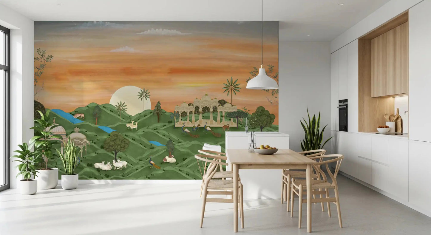 Bright dining space opened with Indian Palace Horizon Wall Mural across the back wall