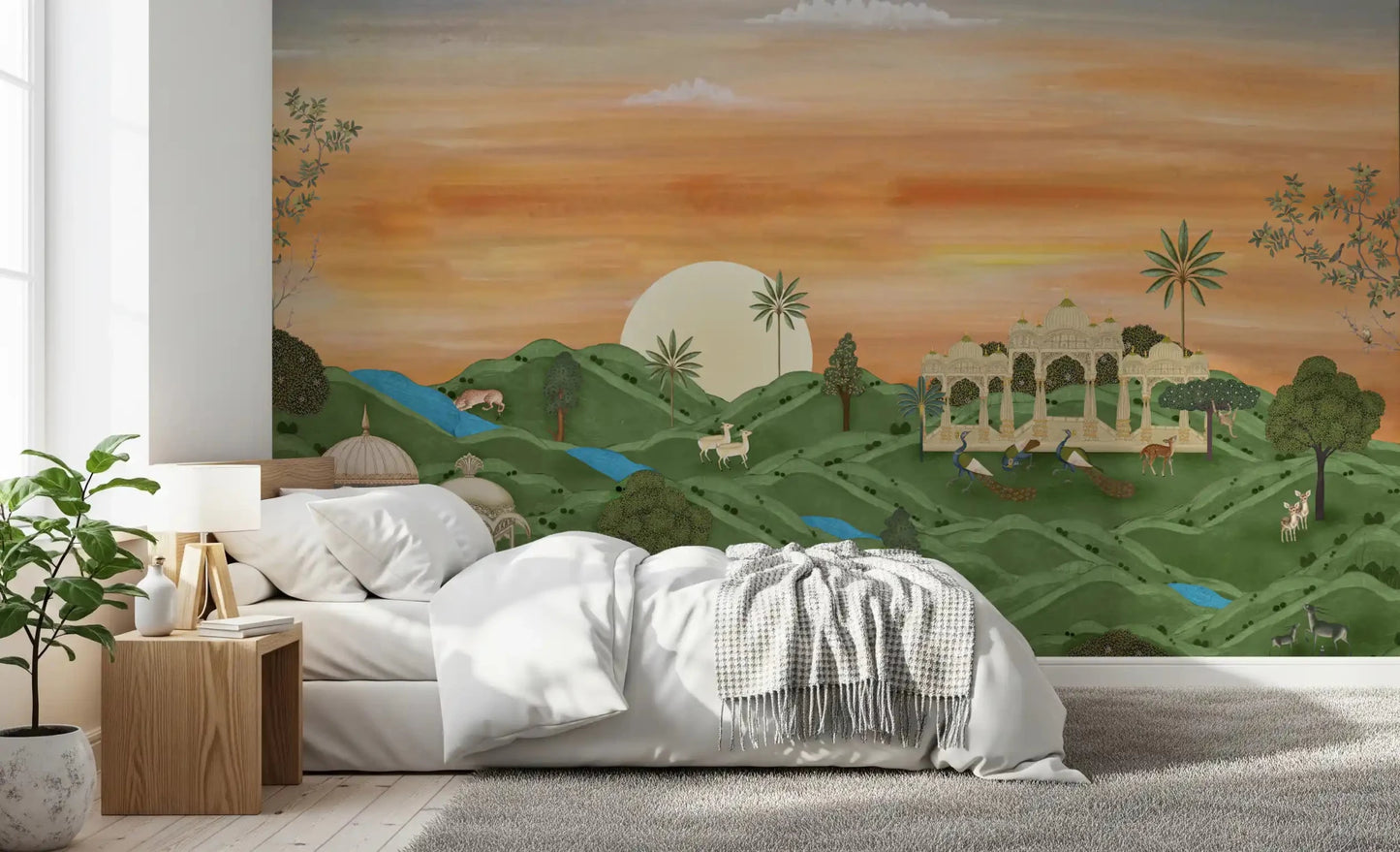Indian Palace Horizon Wall Mural above a bed in a soft neutral bedroom setting