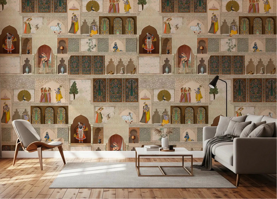 Palace narrative wall mural in a Living room with arches, figures, and peacock motifs, GD8981