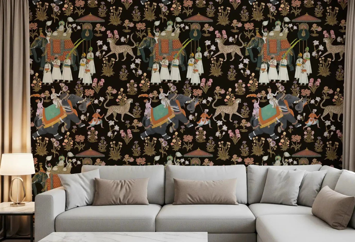 Living room Indian Palace Procession Wall Mural with royal elephant pattern, GD8972