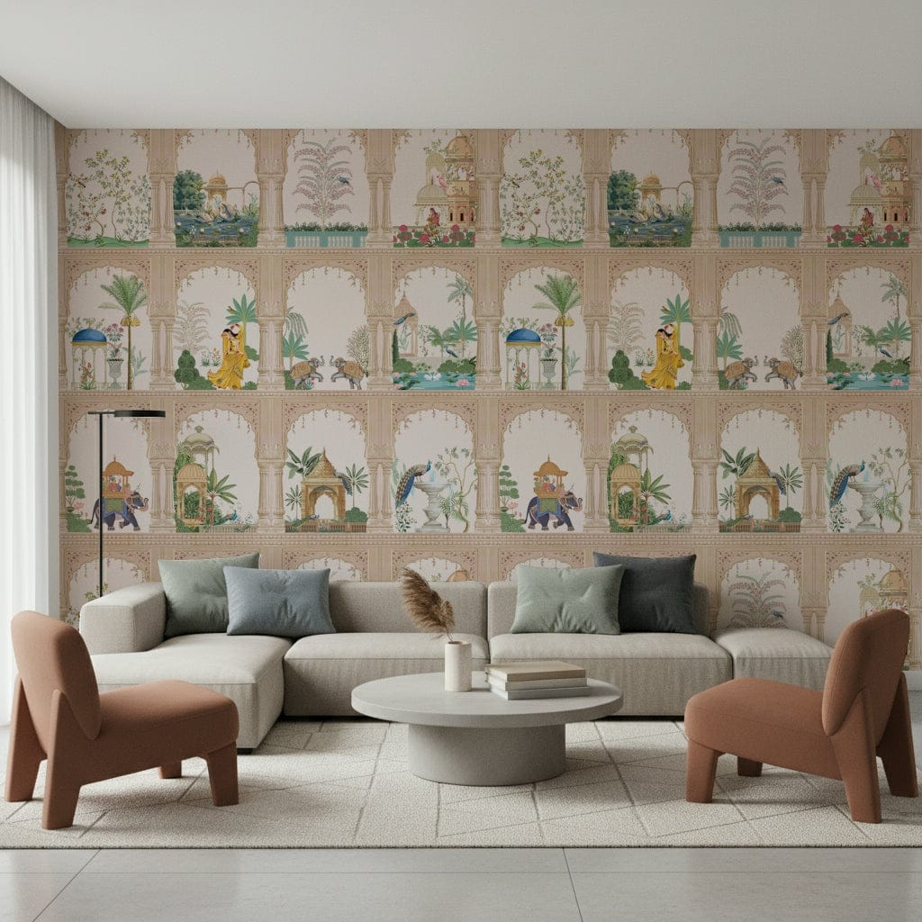 Living room with Indian Palace View Wall Mural featuring heritage arches.