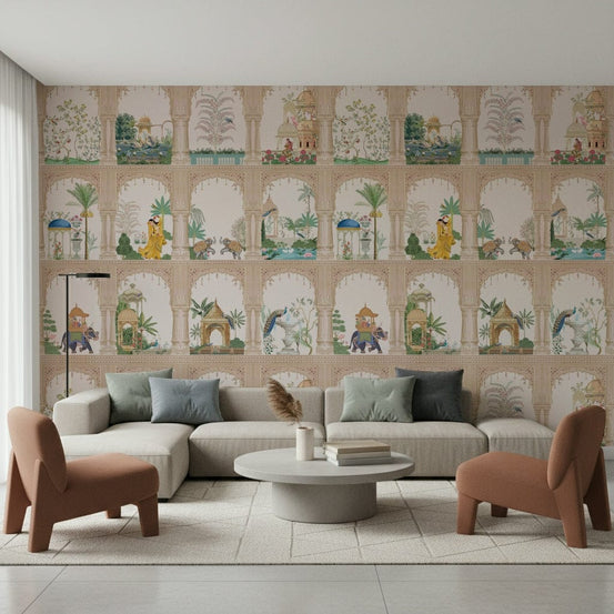 Living room with Indian Palace View Wall Mural featuring heritage arches., GD7591