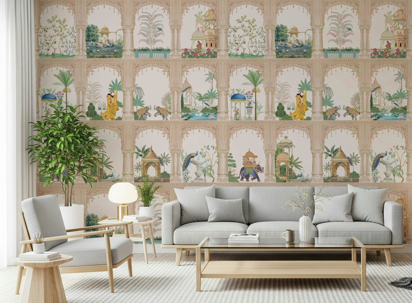 Detailed Indian Palace View wallpaper in a neutral-toned guest room.