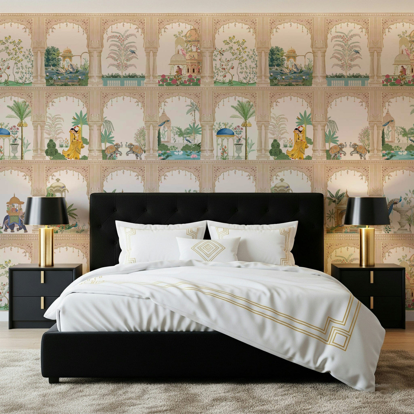 Bedroom feature wall with Indian Palace View wallpaper in a regal style.
