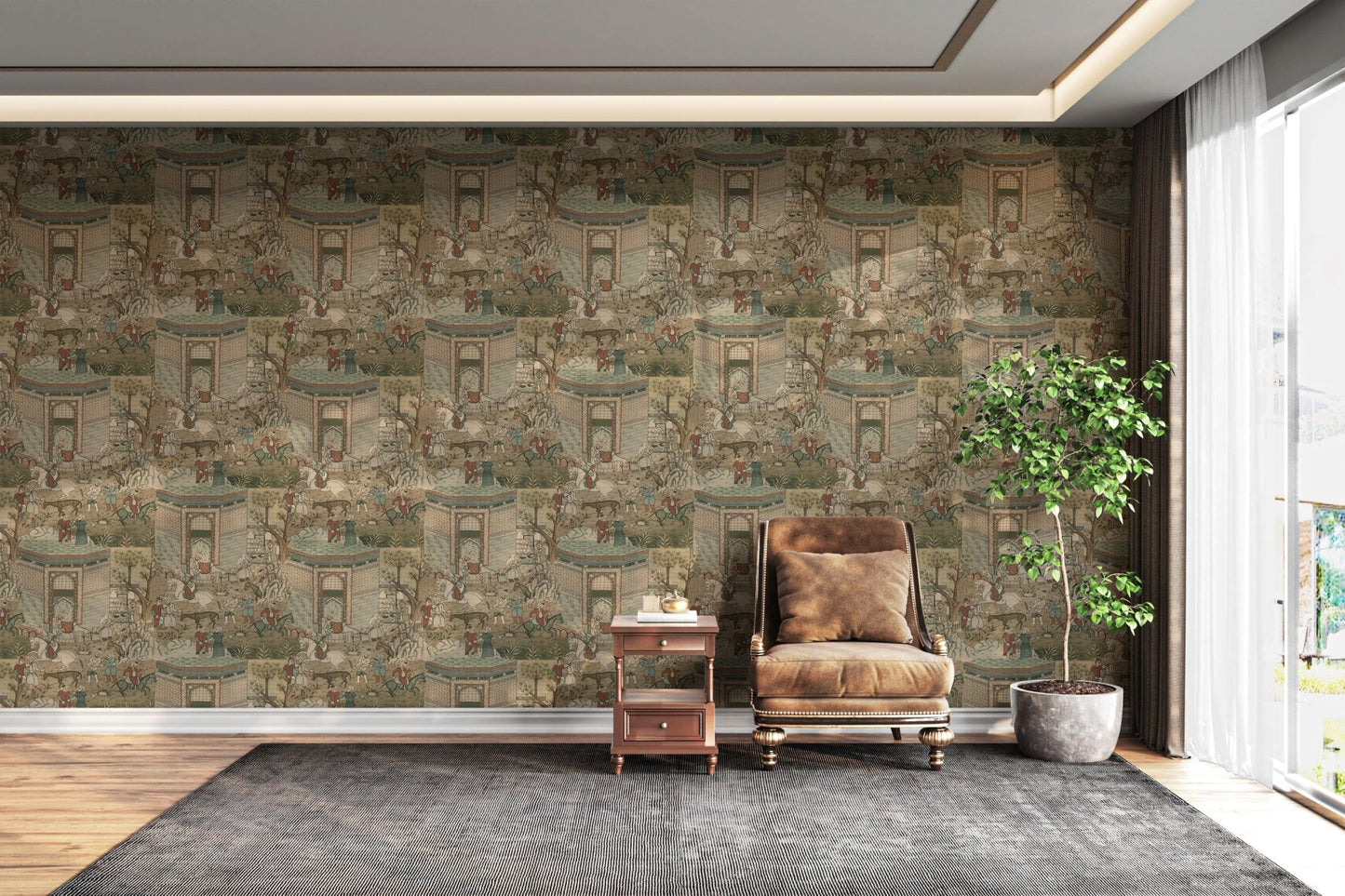 Ethnic horses and homes wall covering

