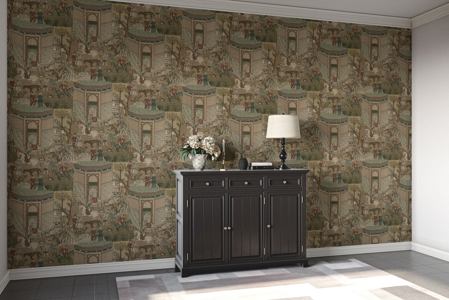 Horse and hut pattern Indian wallpaper

