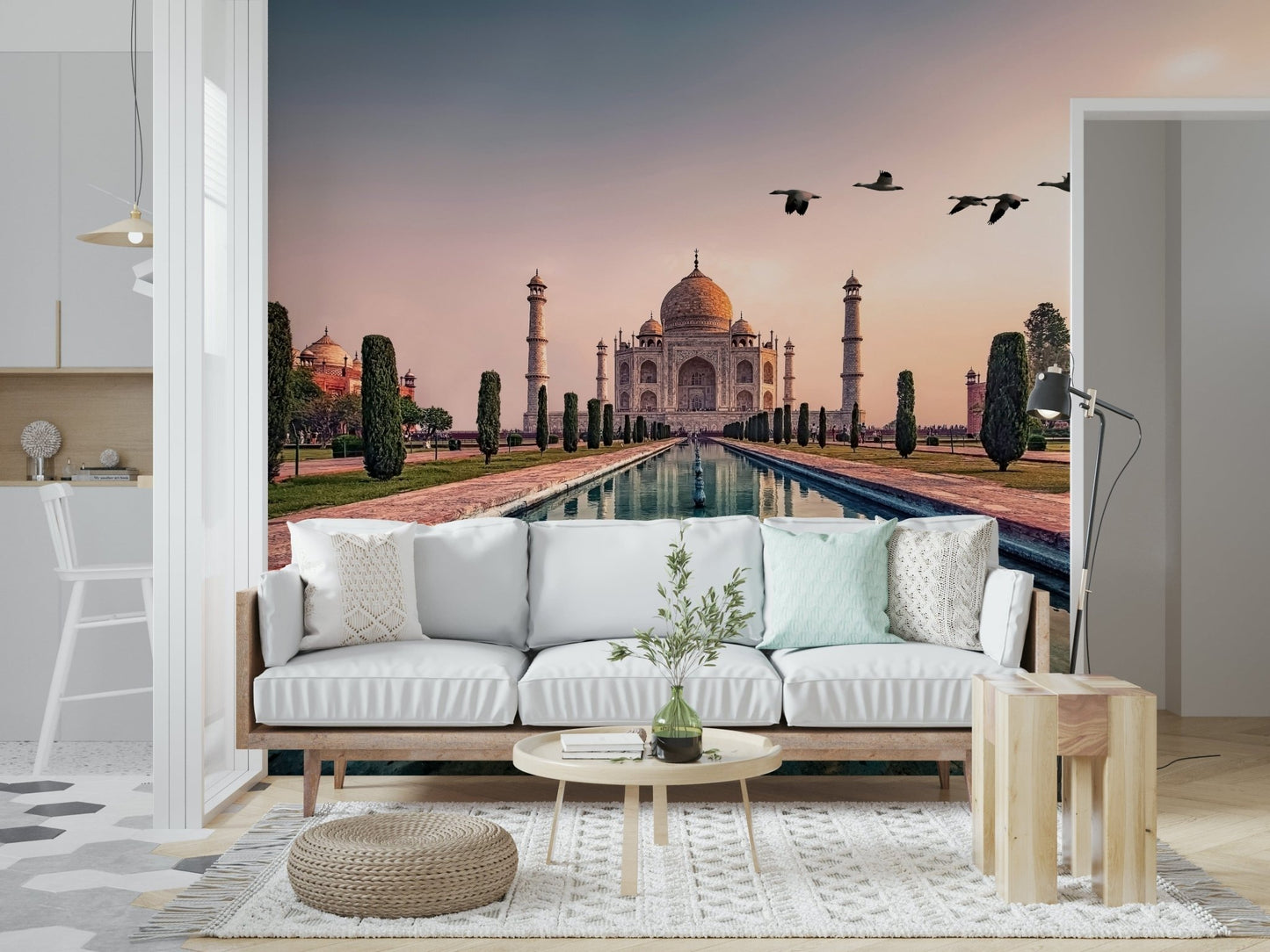 Detailed architectural mural of the Taj Mahal in a professional office lobby.