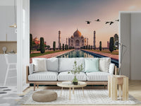 Detailed architectural mural of the Taj Mahal in a professional office lobby.