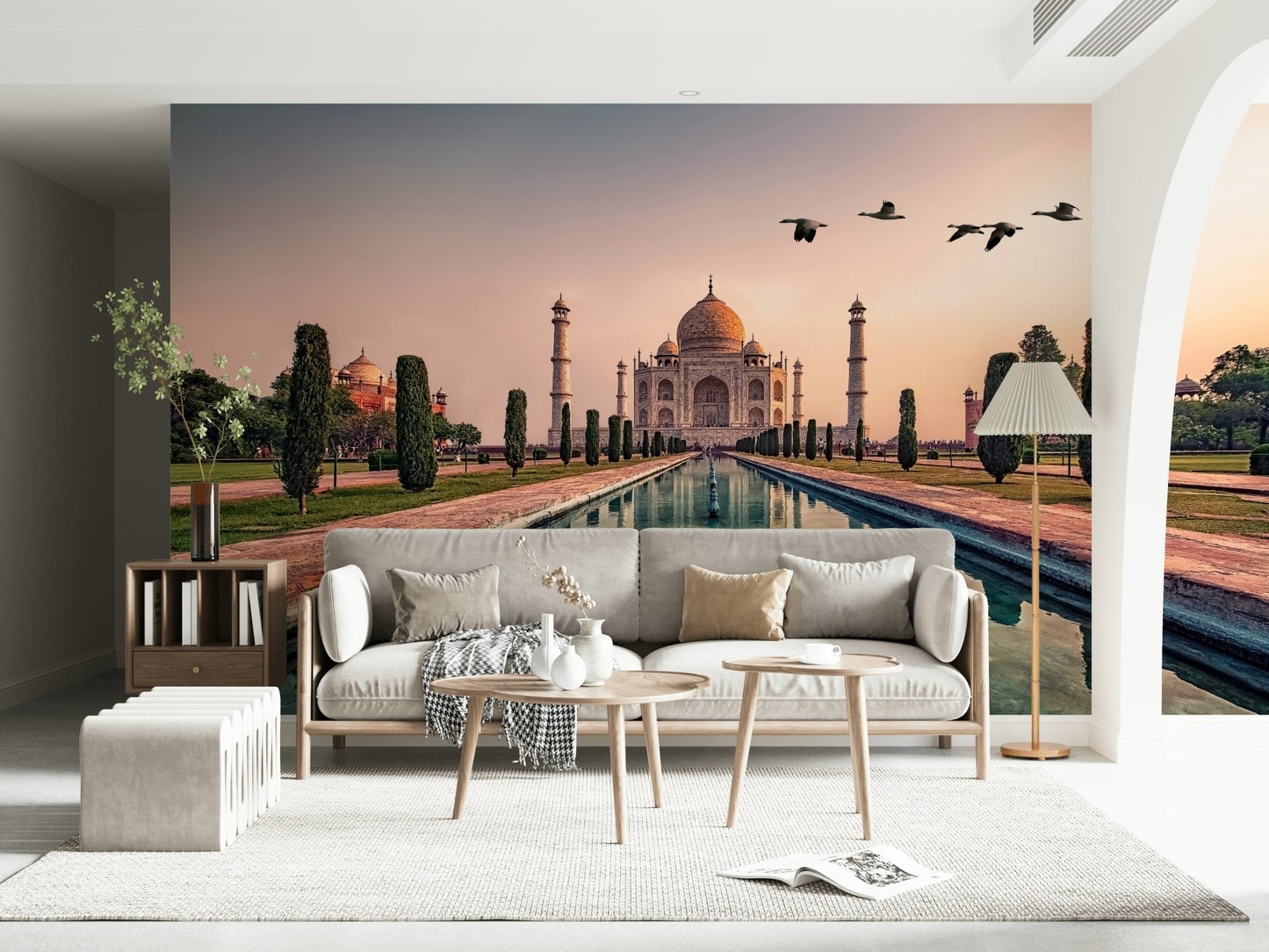 Large scale Taj Mahal print used for a minimalist lounge wall.