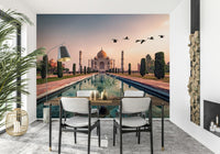 Taj Mahal wall mural in a modern living room with neutral furniture.