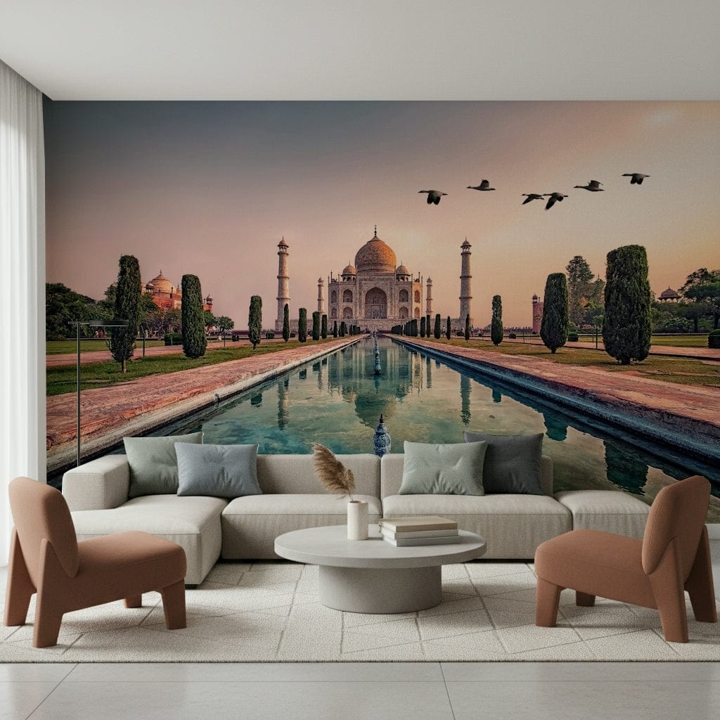 Taj Mahal imagery on a feature wall with soft ambient lighting.