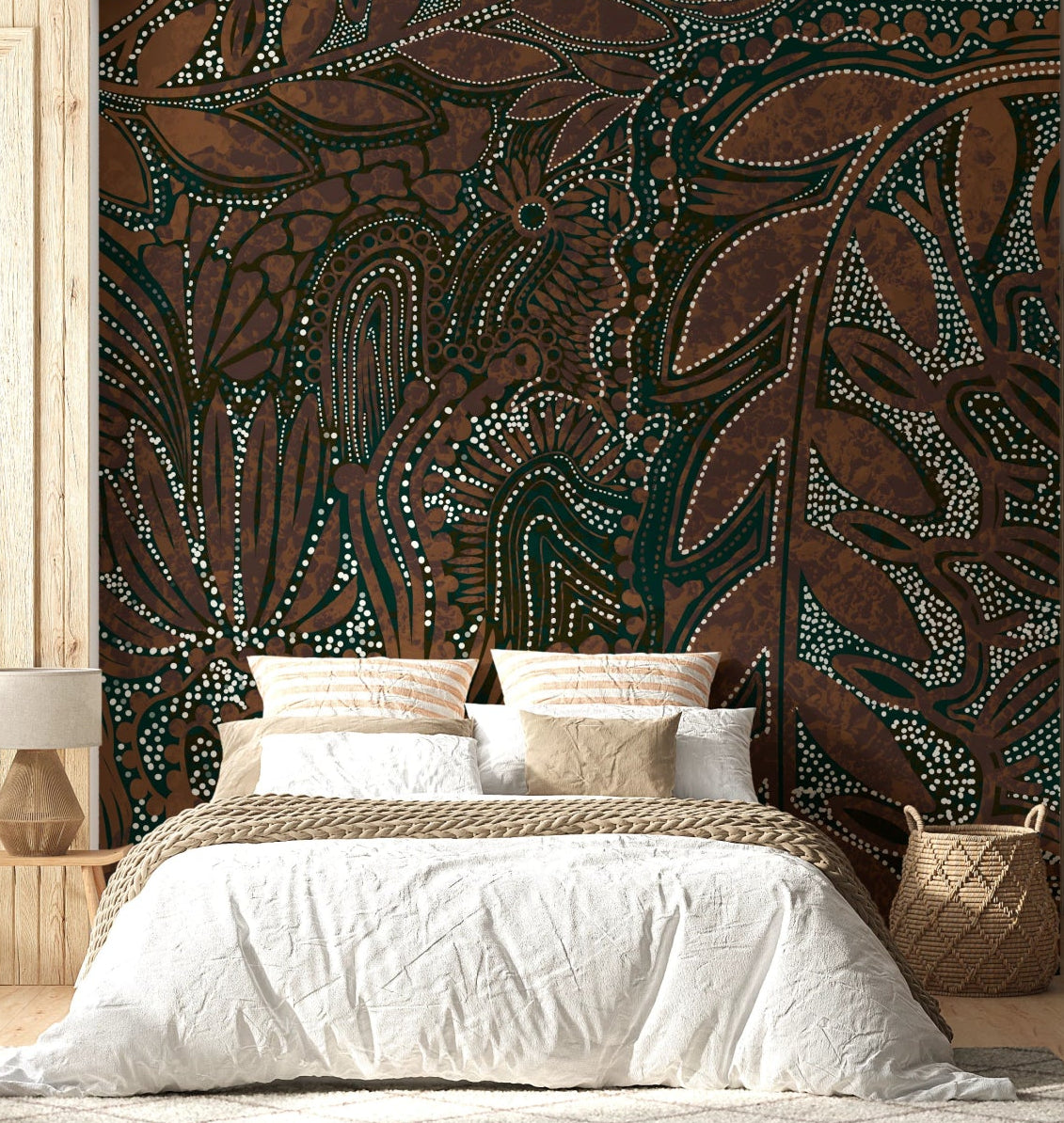 Earthy botanical forms in Indigenous Forest wall mural for a bedroom, GD8103