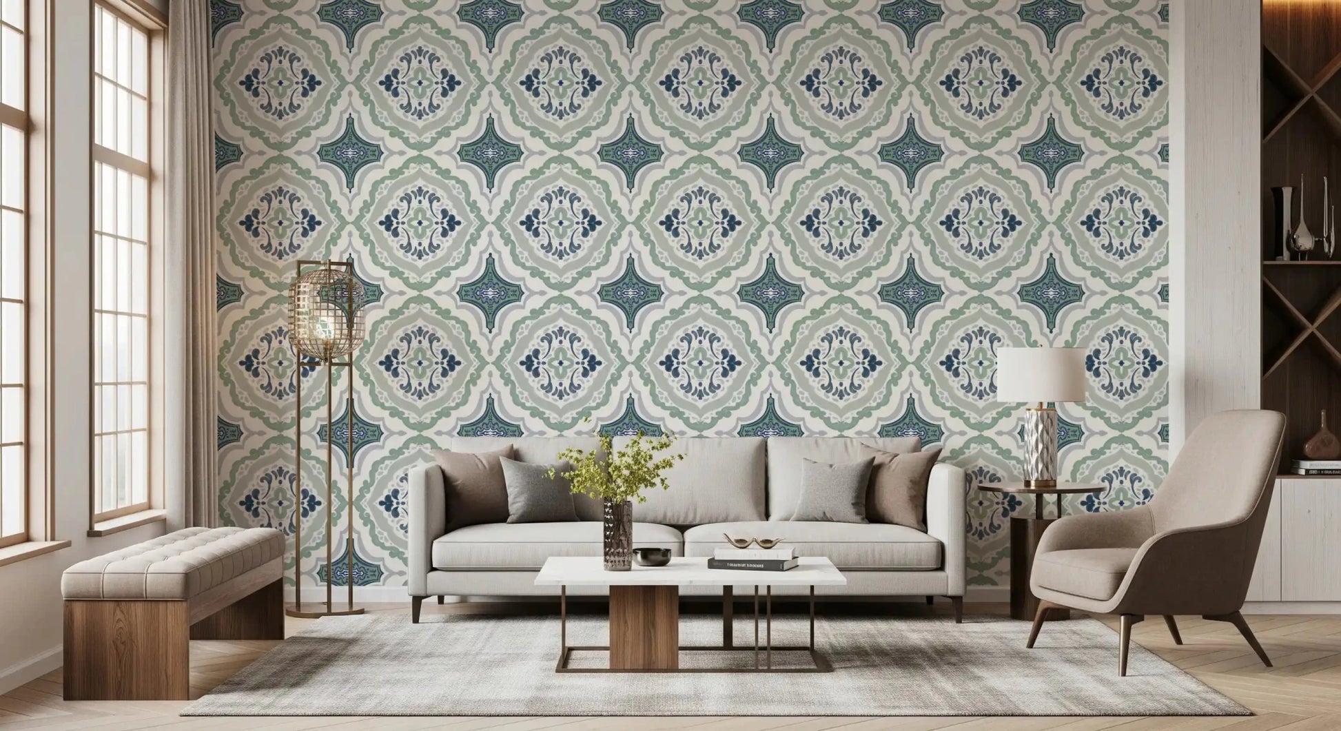 Hallway finished with Indigo Bloom Tiles Wallpaper in a bright modern space