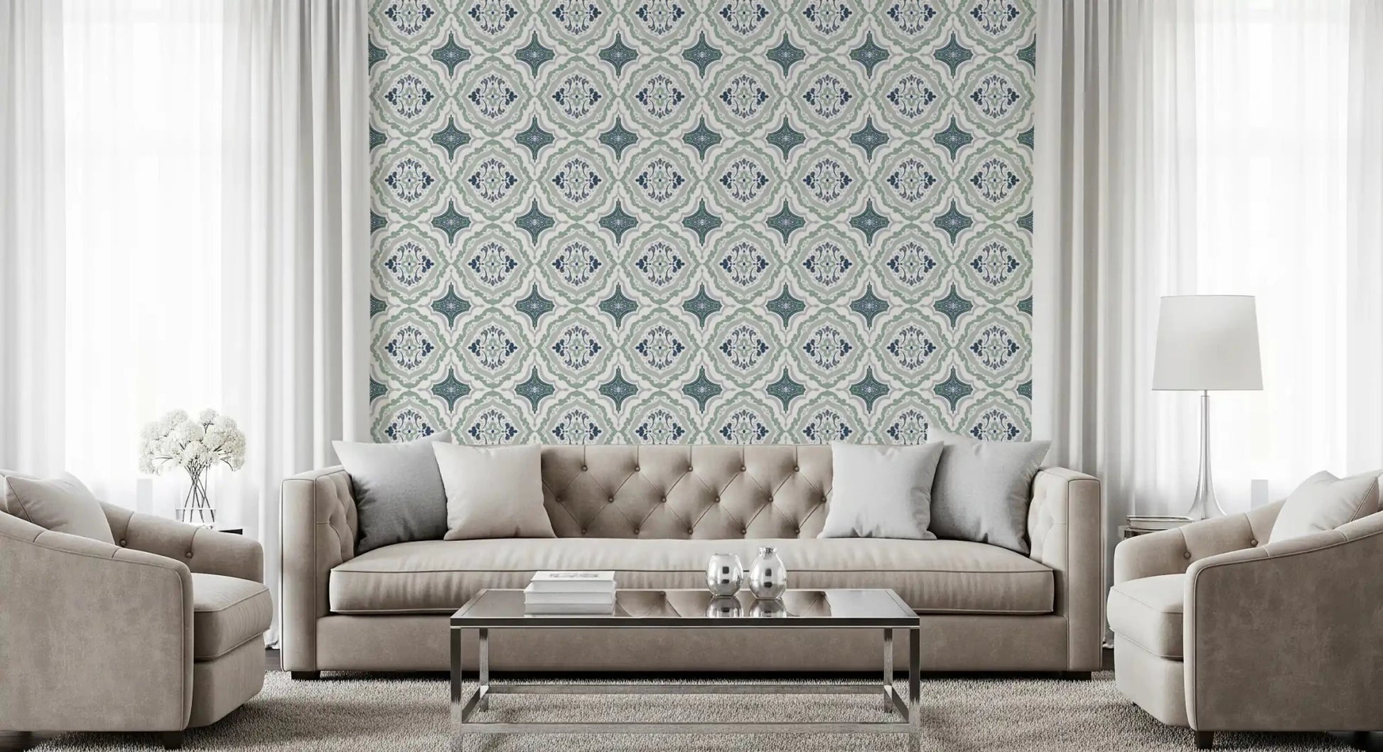 White sofa set against Indigo Bloom Tiles Wallpaper in a soft airy lounge