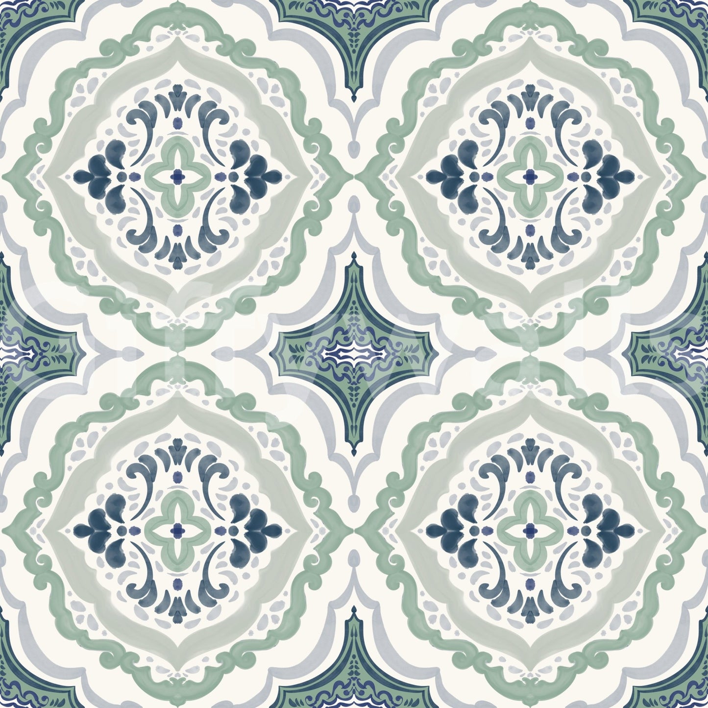 Indigo Bloom Tiles Wallpaper with blue medallion repeats and soft sage borders throughout
