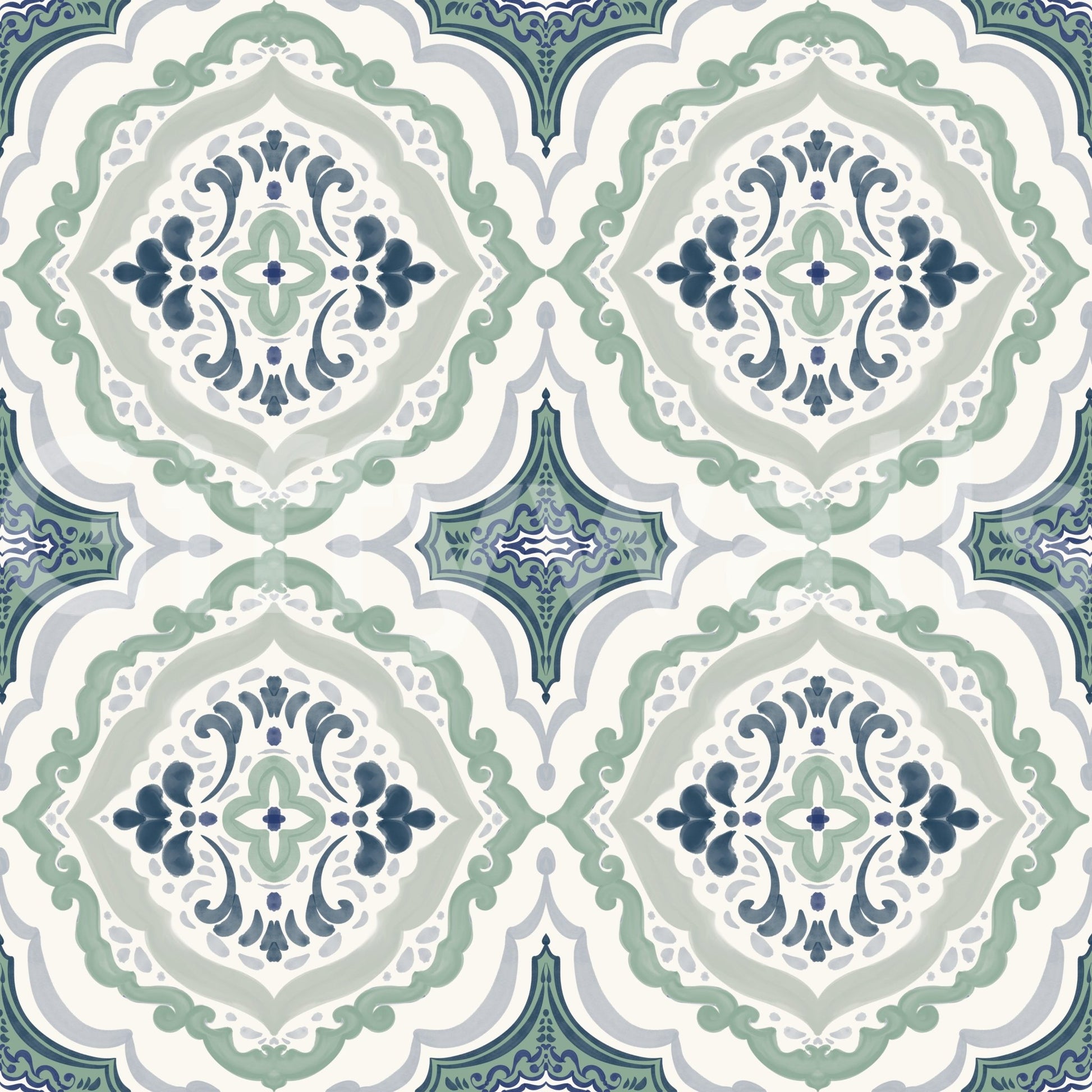 Indigo Bloom Tiles Wallpaper with blue medallion repeats and soft sage borders throughout