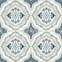 Indigo Bloom Tiles Wallpaper with blue medallion repeats and soft sage borders throughout