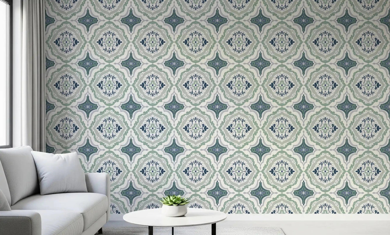 Indigo Bloom Tiles Wallpaper in a light lounge with a gray sofa and round table