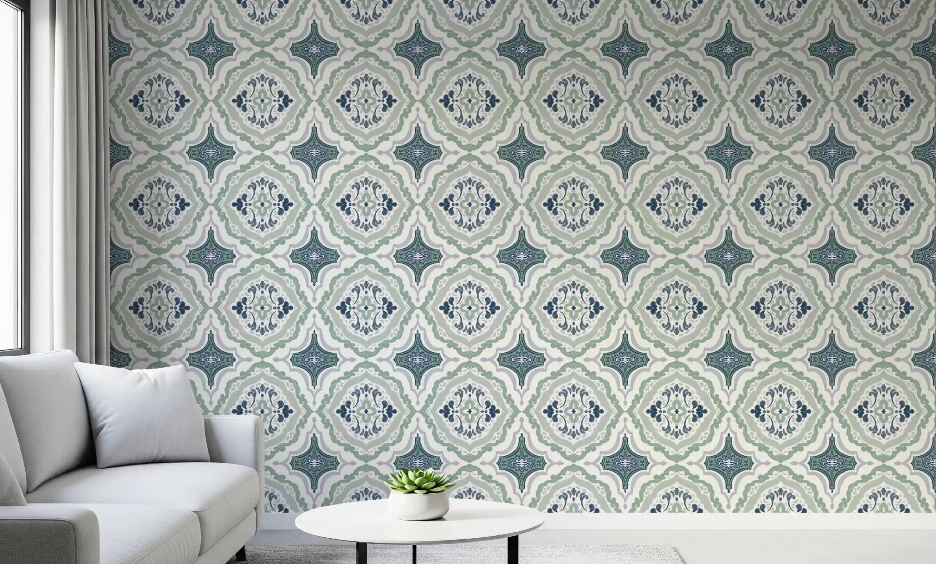 Indigo Bloom Tiles Wallpaper in a light lounge with a gray sofa and round table, GD8906