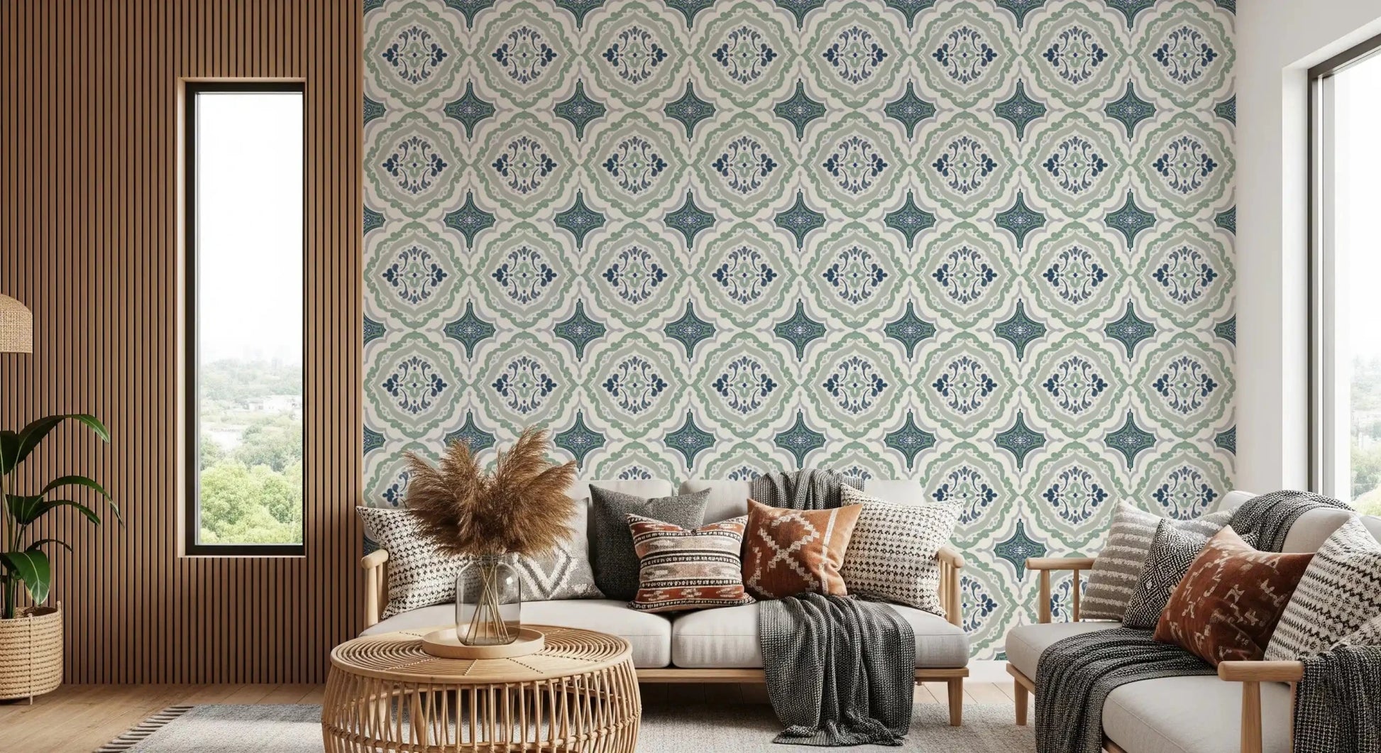 Warm lounge corner paired with Indigo Bloom Tiles Wallpaper and relaxed seating