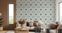 Warm lounge corner paired with Indigo Bloom Tiles Wallpaper and relaxed seating
