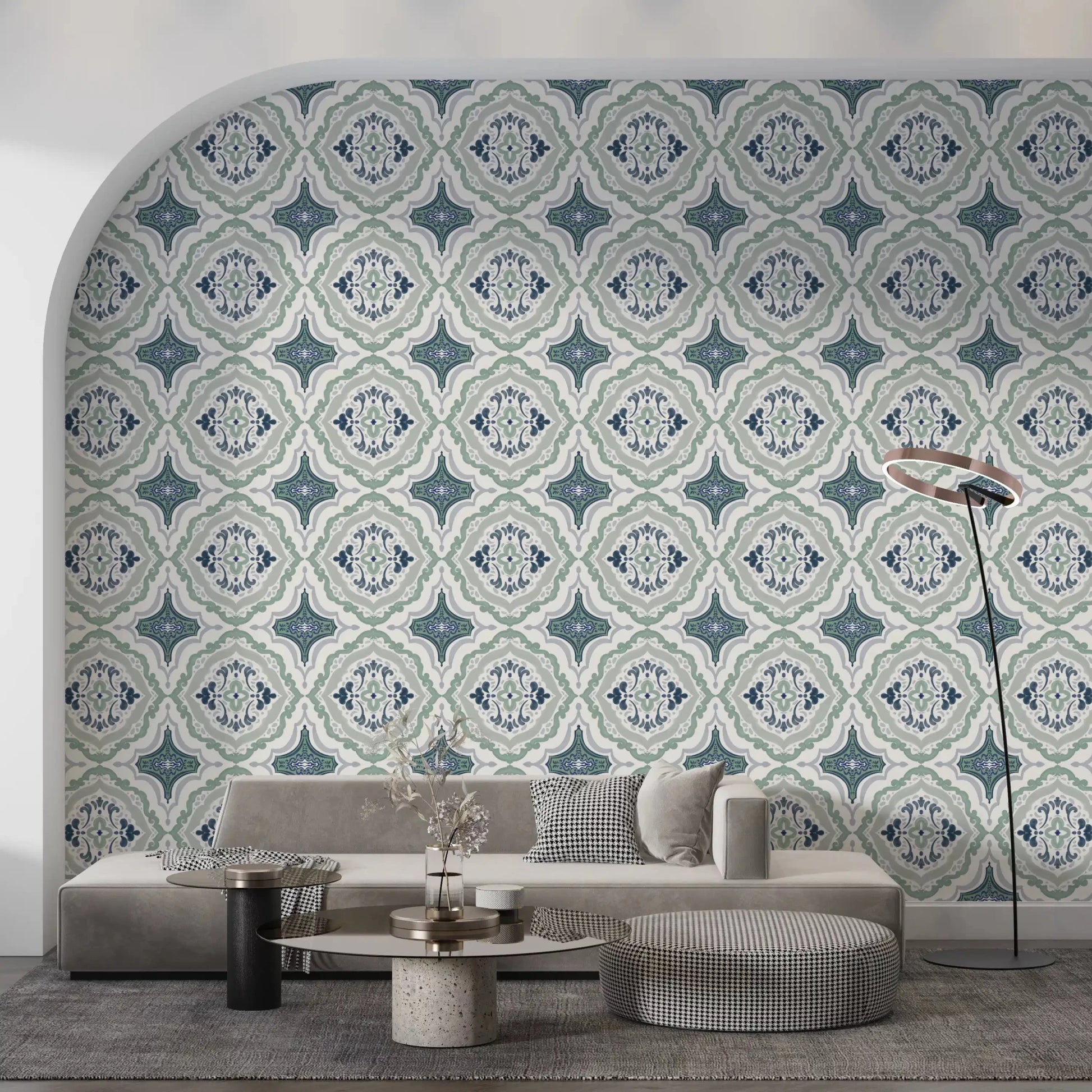Gray sofa lounge styled with Indigo Bloom Tiles Wallpaper and soft blue tile pattern